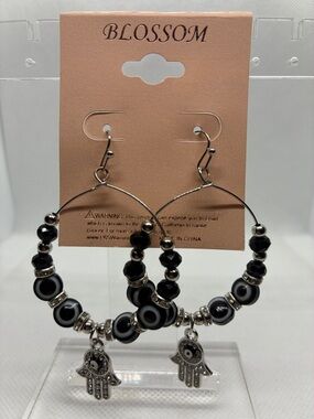 3For$20 Blossom Black and Silver Hamsa Hoop Earrings
